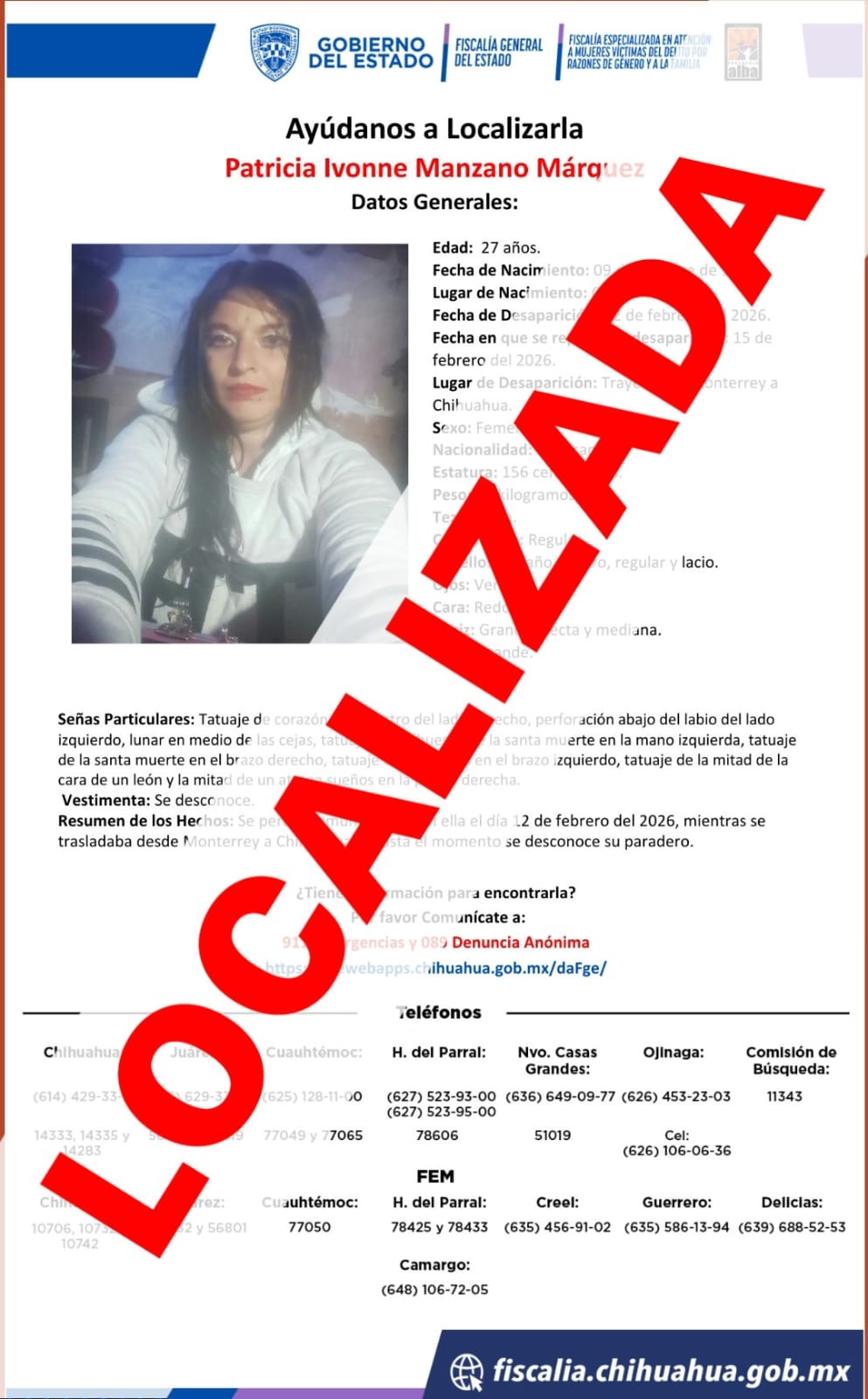 Localizan en Monterrey a mujer con reporte de ausencia en Chihuahua