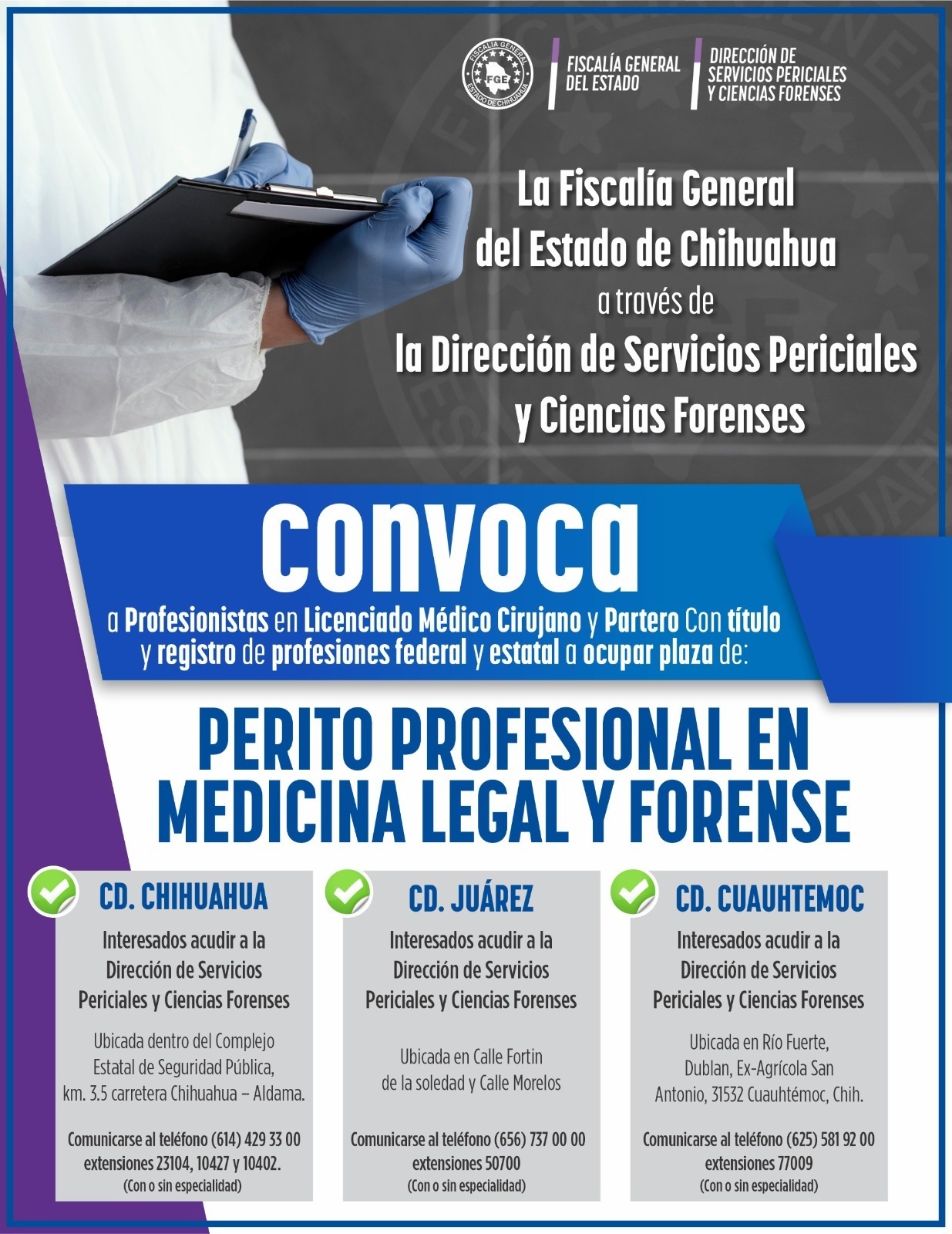 Abre FGE convocatoria para contratar peritos profesionales en medicina legal y forense